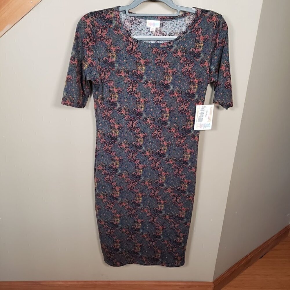 NWT LuLaRoe Women's JULIA Floral Dress Pencil Stretch Size XS Grey Rose Black